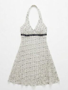 White Halter Lace Midi Dress with Black Waist Trim